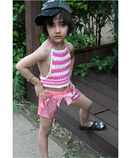 Woonie Sleeveless Handmade Crochet Striped Crop Top - Pink & White