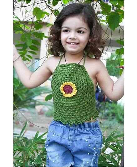 Woonie Sleeveless Handmade Crochet Green Sunflower Pattern Crop Top - Green