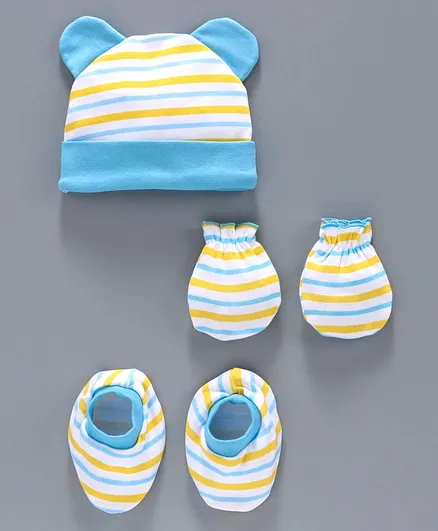Babyhug 100% Cotton Cap Mittens & Booties Blue Yellow - Diameter 10 cm