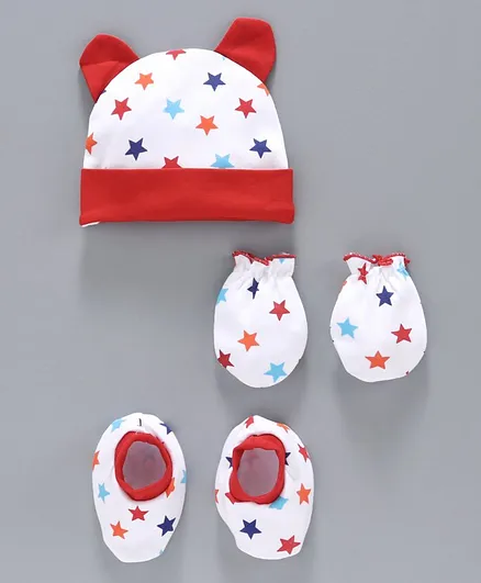 Babyhug 100% Cotton Cap Mitten & Booties Set Star Print Red - Diameter 10.5 cm
