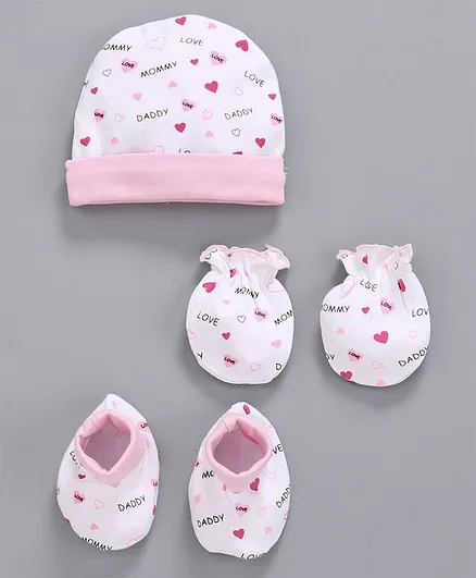 Babyhug 100% Cotton Printed Cap Mittens & Booties Set Pink & White - Diameter 11 cm