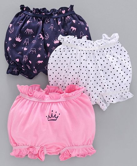 Babyoye Cotton Bloomer Crown Print Pack of 3 - Pink White Navy Blue