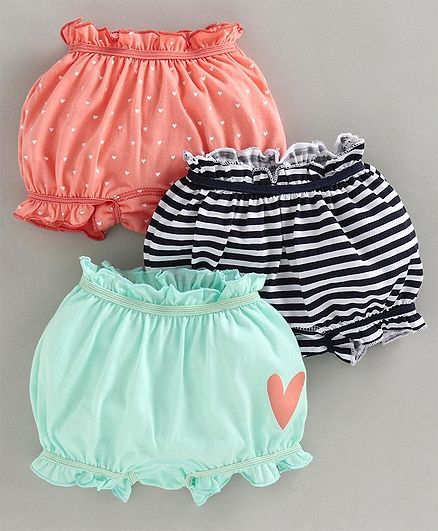 Babyoye Cotton Bloomers Heart Print Pack of 3 - Coral Blue Black