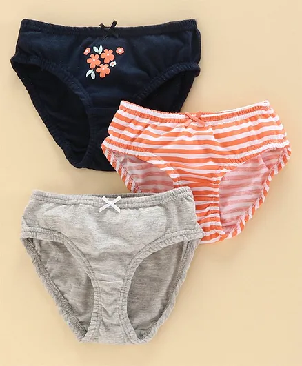 Babyoye Cotton Panties Striped & Printed Pack of 3 - Navy Grey Orange