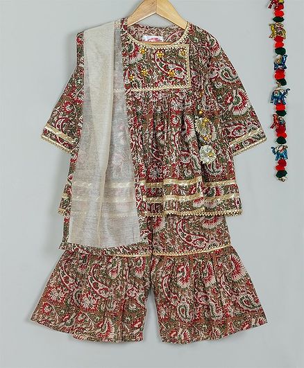 Little Bansi Three Fourth Sleeves Paisley Print Jaipuri Style Angrakha & Sharara With Dupatta - Brown