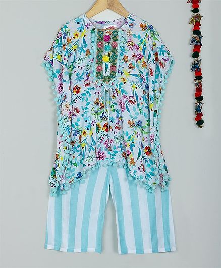 Little Bansi Short Sleeves Flower Print Pom Pom Kaftan Kurta With Palazzo - Blue