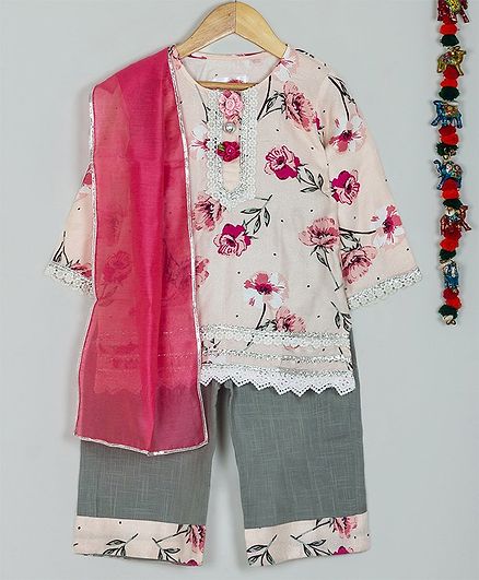 Little Bansi Three Fourth Sleeves Flower Print Kurta With Dupatta & Sharara Set - Pink