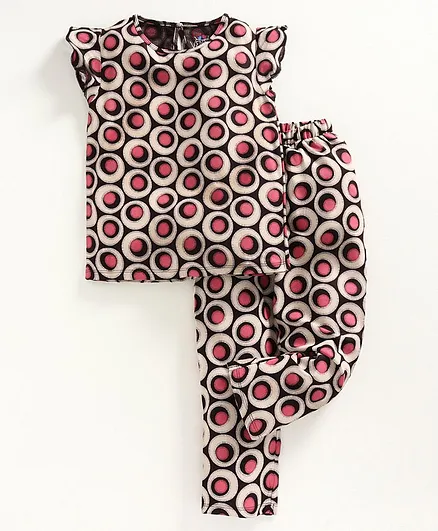 Ventra Cap Sleeves Circles Printed Night Suit - Black