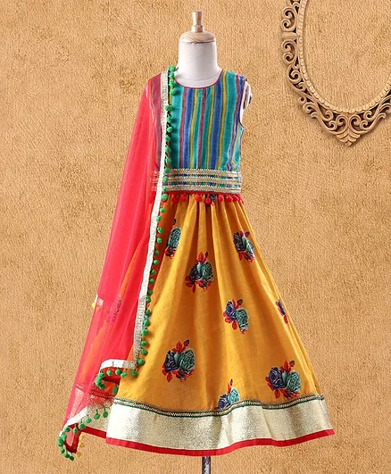 Kids Chakra Sleeveless Striped Choli With Flower Print Lehenga & Dupatta - Blue Yellow