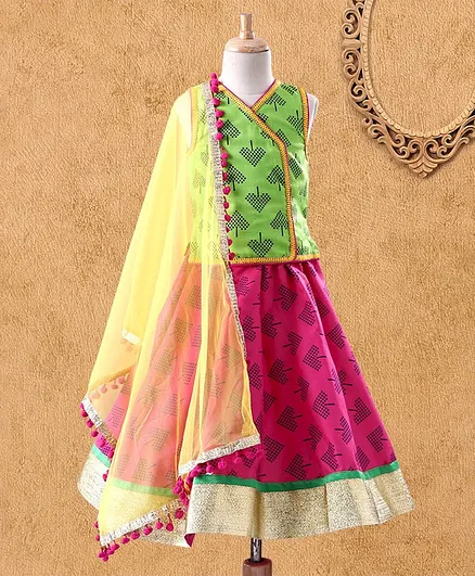 Kids Chakra Sleeveless Motif Work Choli With Lehenga - Green Pink