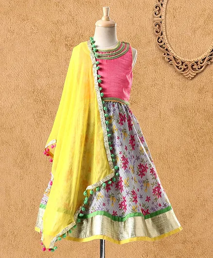 Kids Chakra Sleeveless Choli With Floral Print Lehenga - Pink Grey