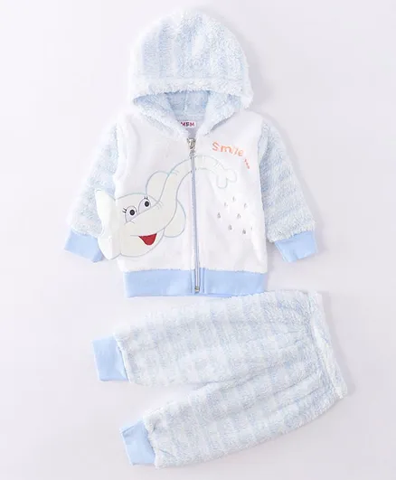 Kookie Kids Full Sleeves Winter Wear Sweat Jacket with Lounge Pant Elephant Embroidery - Blue
