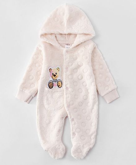 Kookie Kids Full Sleeves Hooded Footed Romper Bear Embellished - Cream