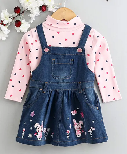 Babyhug Dungaree Style Frock With Tee Polka Dot Print - Pink Blue