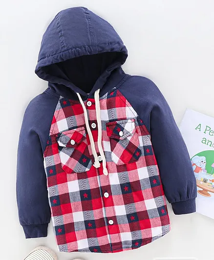 Babyhug Cotton Full Sleeve Checks Hooded Shirt - Red