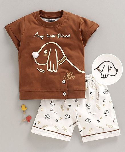 Mini Taurus Half Sleeves T-Shirt & Shorts Set Puppy Print - Brown