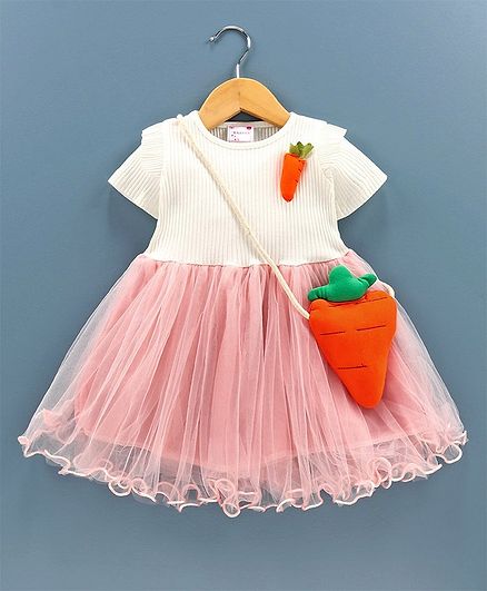 Rassha Carrot Decorated Half Sleeves Dress With Bag - White