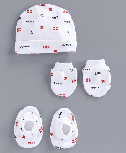 Simply Cap Mittens & Booties Set Anchor Print - White