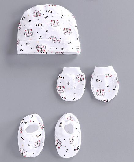 Simply Cap Mittens & Booties Set Animal Print - White