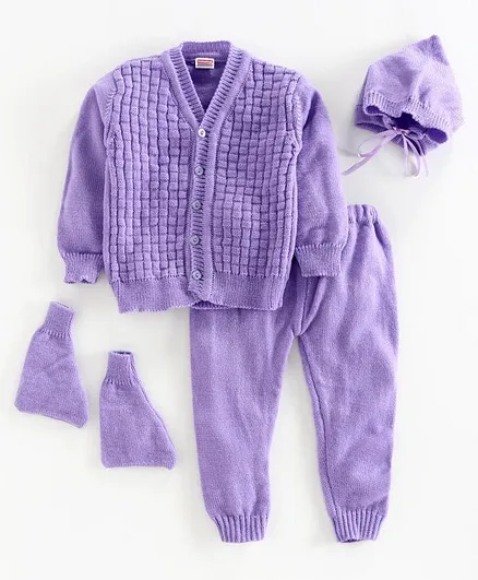 Babyhug Full Sleeves 4 Piece Sweater Set Checked - Purple