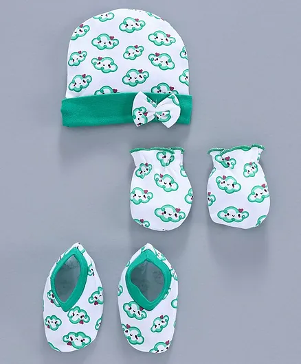 Babyhug 100% Cotton Cap, Mittens & Booties Set Cloud Print White Green - Diameter 10.5 cm