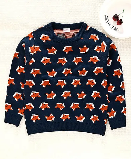 Babyhug Full Sleeves Sweater Animal Design - Navy