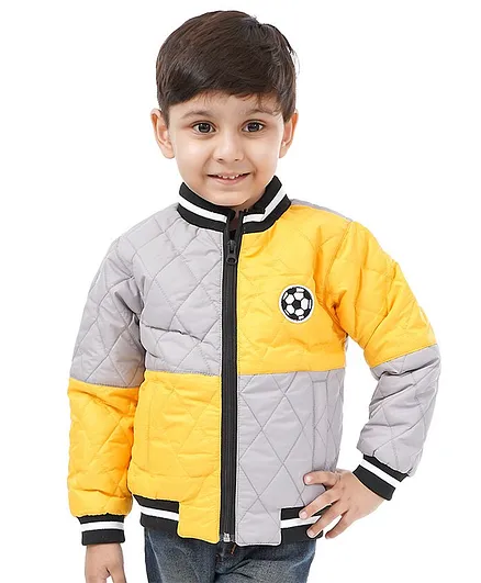 Babyhug Full Sleeves Padded Jacket Football Patch - Grey Yellow