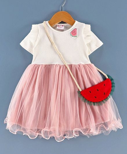 Rassha Short Sleeves Watermelon Design Dress With Bag - Peach