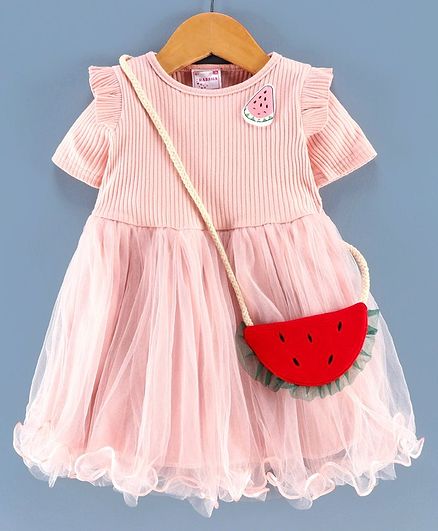 Rassha Strawberry Patch Half Sleeves Dress With Bag - Pink