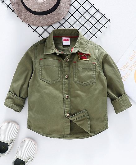 Babyhug Full Sleeves Solid Shirt with Forest Embroidered Patch - Olive Green
