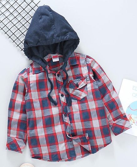 Babyhug Full Sleeves Hooded Checked Shirt - Grey