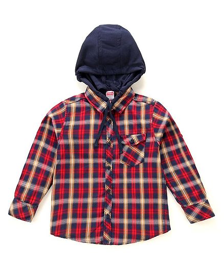 Babyhug Full Sleeves Hooded Checked Cotton Shirt - Red