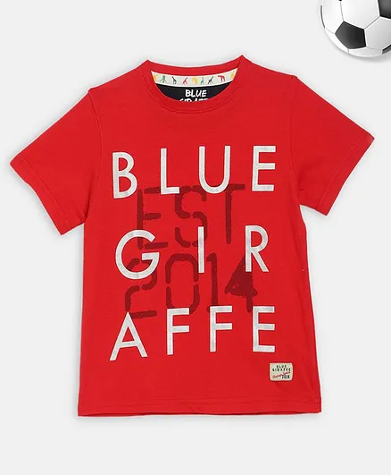 Blue Giraffe Half Sleeves Letters Print Tee - Red