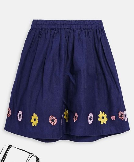 Blue Giraffe Flower Embroidery At The Bottom Skirt - Navy Blue