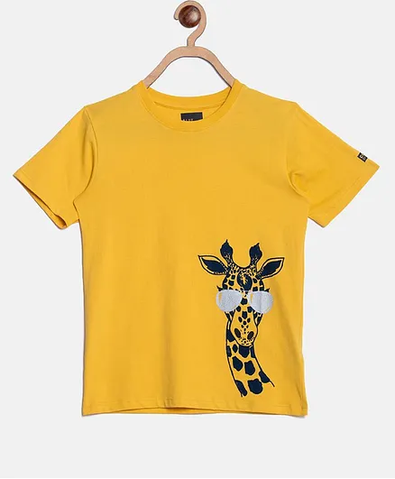 Blue Giraffe Half Sleeves Giraffe Printed T-Shirt - Yellow