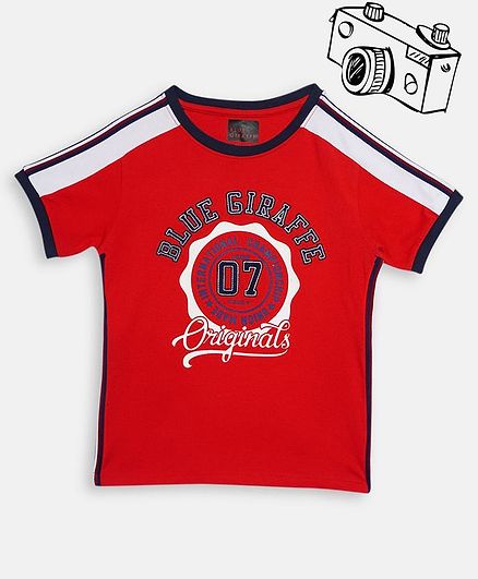 Blue Giraffe Half Sleeves Printed T-Shirt - Red