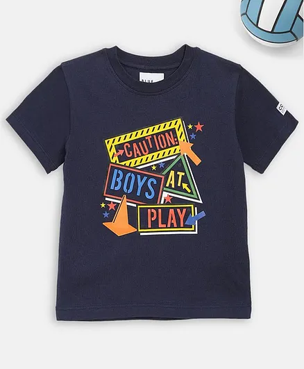 Blue Giraffe Half Sleeves Caution Boys At Play Printed T-Shirt - Navy Blue