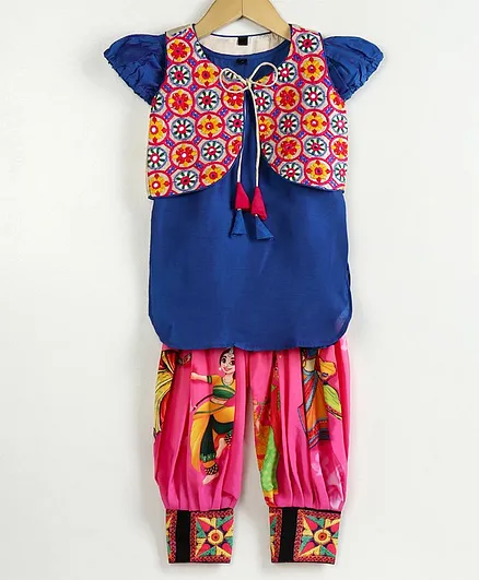 Silverthread Cap Sleeves Kurti With Flower Work Jacket & Printed Patiala Salwar Set - Blue