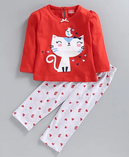 Babyhug Full Sleeves Night Suit Kitty Print - Red