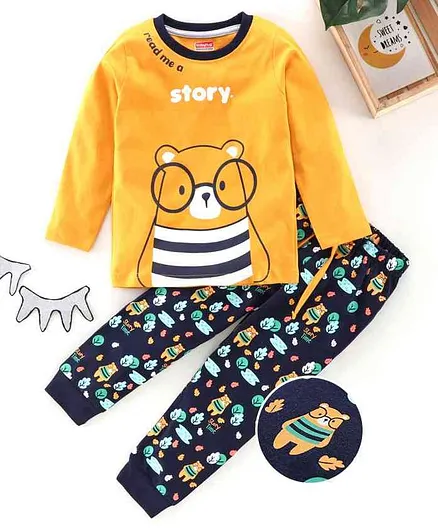 Babyhug Full Sleeves Biowash Night Suit Bear Print - Yellow Blue