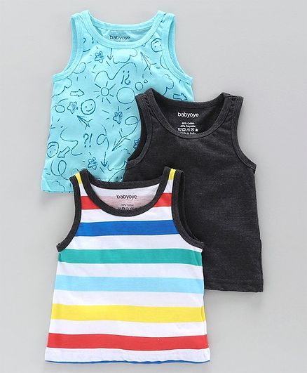 Babyoye Sleeveless Printed & Striped Vest Pack of 3 - Blue Grey