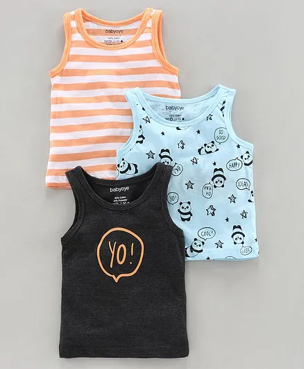 Babyoye Sleeveless Striped Vests Panda Print - Orange Blue Black