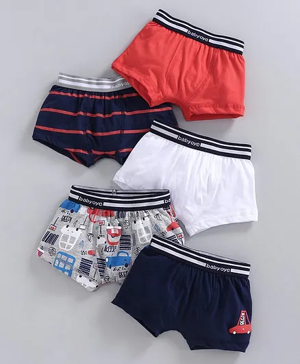 Babyoye Striped & Solid Trunks Vehicle Print Pack of 5 - White Multicolour