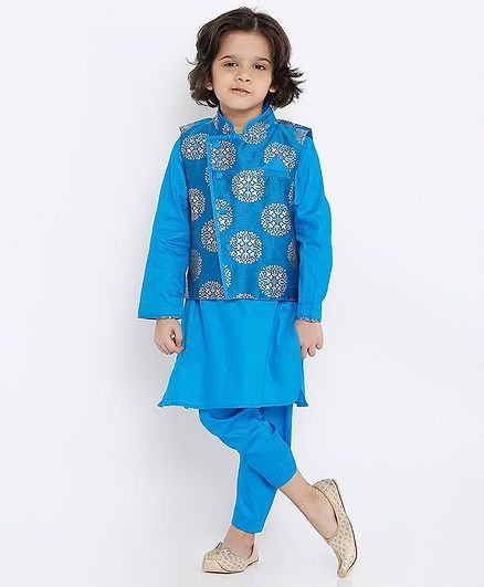 Babyoye Full Sleeves Kurta & Pajama Set with Brocade Jacket Set - Blue