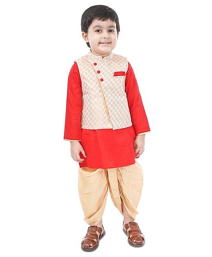 Babyoye Full Sleeves Cotton Kurta and Dhoti with Brocade Jacket - Red