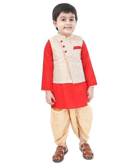 Babyoye Full Sleeves Cotton Kurta and Dhoti with Brocade Jacket - Red