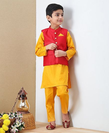 Babyoye Full Sleeves Kurta Pyjama Set with Jacket Brocade Print - Yellow Red