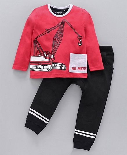 Babyoye Cotton Full Sleeves T-Shirt and Lounge Pant Set Crane Print - Maroon
