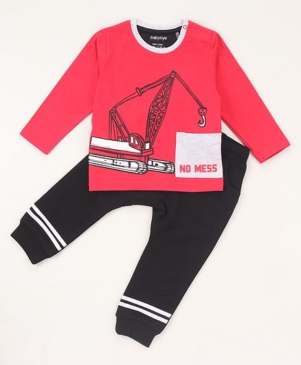 Babyoye Cotton Full Sleeves T-Shirt and Lounge Pant Set Crane Print - Maroon