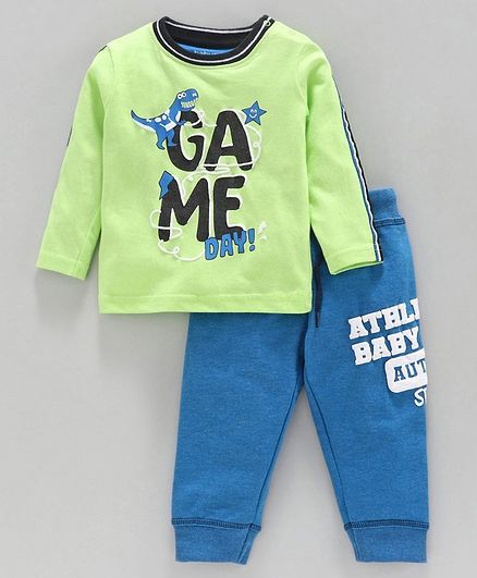 Babyoye Cotton Blend Full Sleeves Tee & Lounge Pant Game Day Print - Green Blue